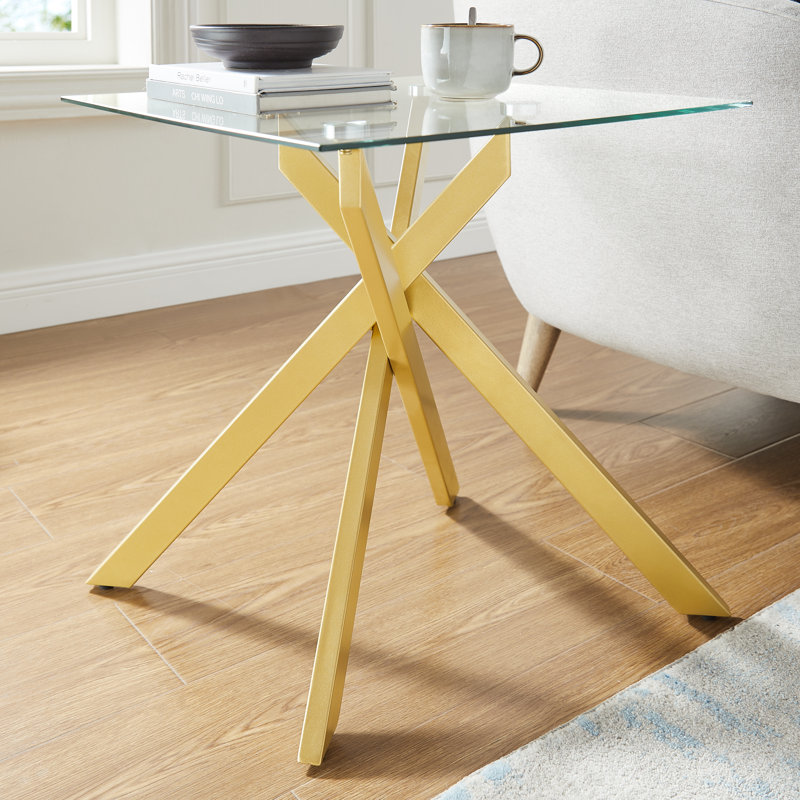 Square End Table With Glass Top, Gold