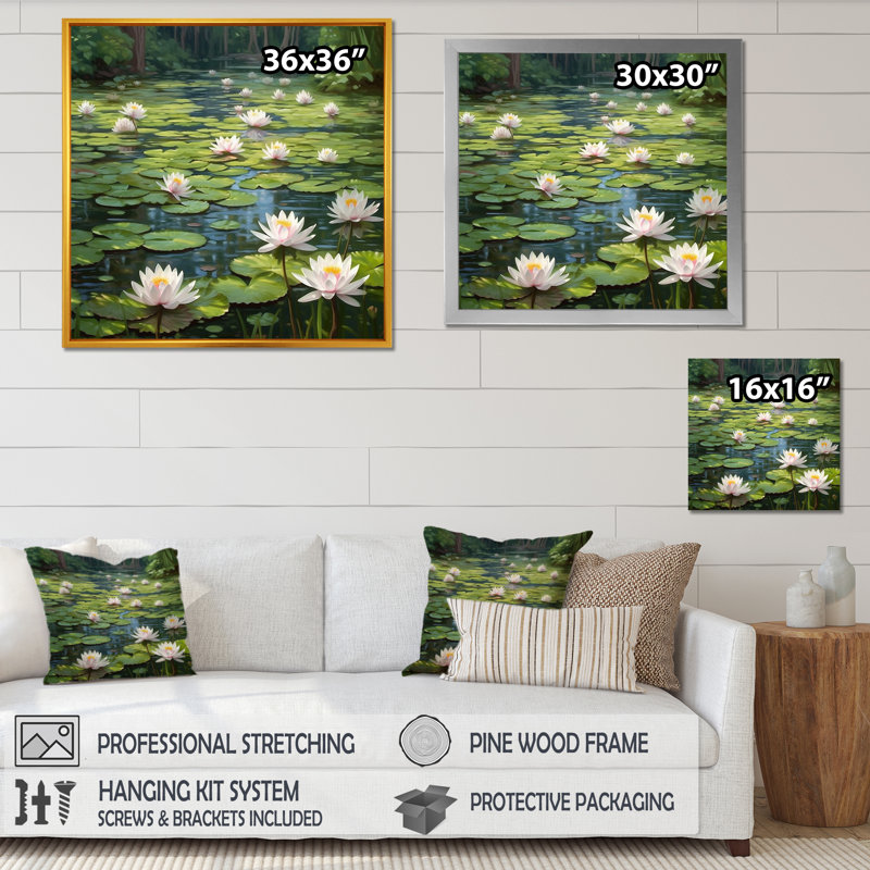 Magical Lotus Lily Pad Pond - Impression sur toile encadrée Lotus, Cadre simple noir, H 24 po x l 24 po x P 1 po