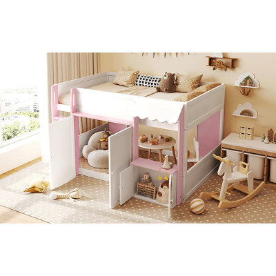 White + Pink Full Loft House Bed, Versatile Lower Area For Secret Hideout, Storage Included Size Pink, With Playhouse And Reading Nook