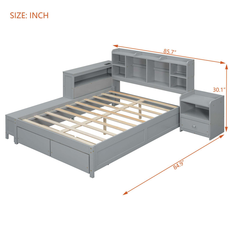 Full Wooden Platform Bed With Multi-Functional Storage Space, Nightstand, 2 Drawers, USB Ports And Desk