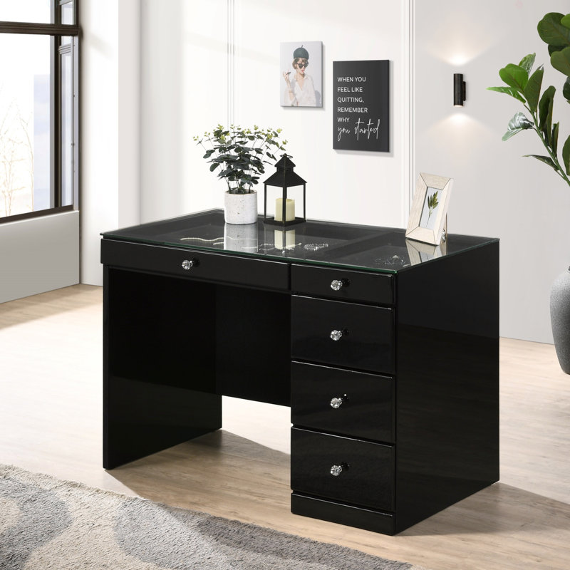 1Pc Glam Makeup Vanity Table Top 5 Drawers Crystal Knobs Wooden Bedroom Furniture, Black
