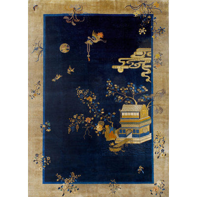 Vintage Mid Century Blue Bird of Paradise Scenic Pictorial Chinese Deco Rug
