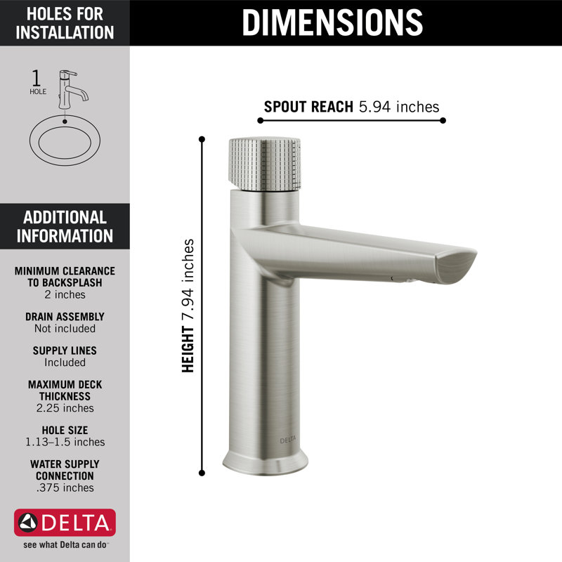 Robinet de salle de bain monotrou avec ensemble de drain Galeon, Acier inoxydable Lumicoat