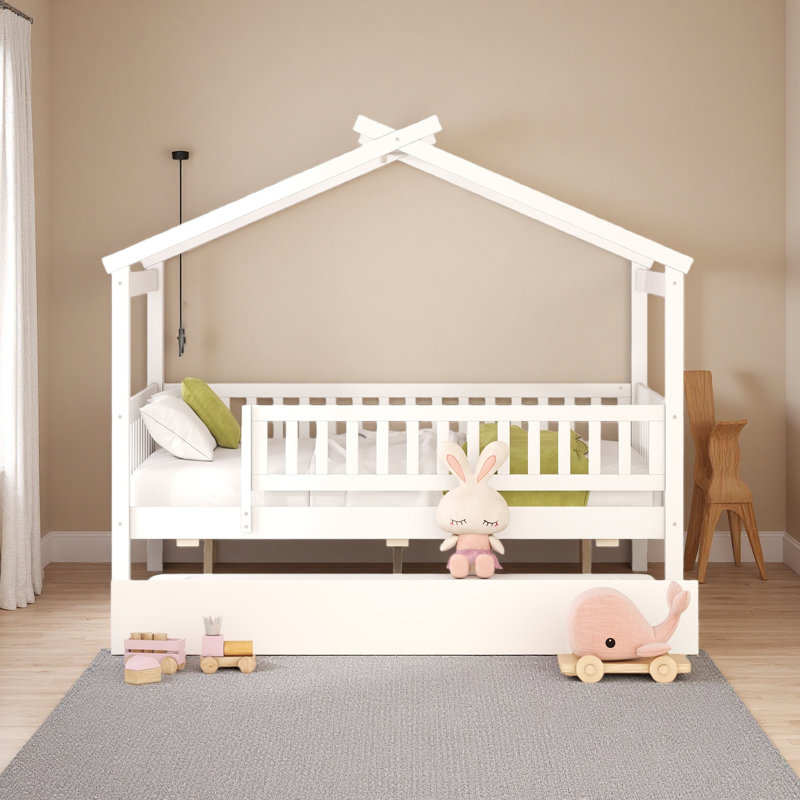 Wooden House Bed With Twin Size Trundle, White, Full