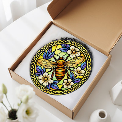 7.8"H Bee Flower Stained Glass Window Panel