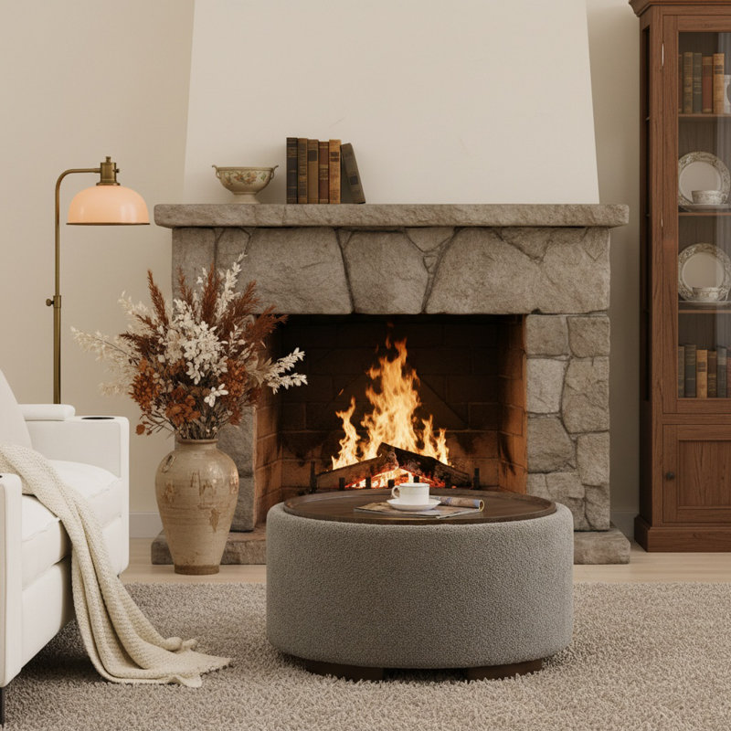 Table basse ronde avec repose-pieds 29,5 pouces, table basse circulaire moderne avec rangement avec couvercle amovible et pieds en bois massif, grand repose-pieds rond pour la chambre à coucher et le salon