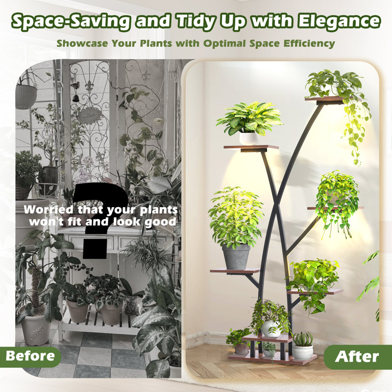 60" Black and Oak 7-Tier Indoor Plant Stand with Grow Lights