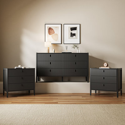 Ensemble de chambre à coucher 3 pièces, commode 6 tiroirs et ensemble de table de chevet 3 tiroirs Elda