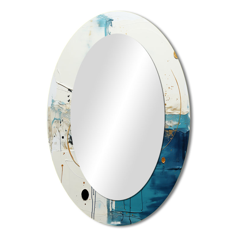 New Harmony Circular Abstract In White And Blue - Large Oval Wall Mirror On Metal, 36" x 24"