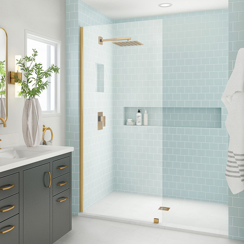 Elyse XL 30 in. W x 80 in. H Fixed Frameless Shower Door with Clear Star Cast Glass, Brushed Gold