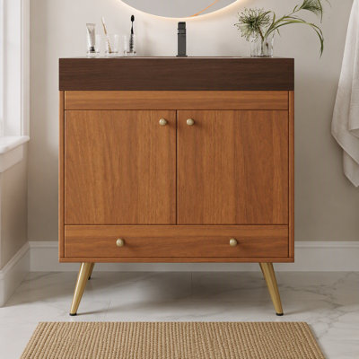 Meuble-lavabo autoportant de style milieu du siècle avec comptoir en faux marbre et lavabo en céramique, armoire de rangement à double porte de 30 pouces, bois d'ingénierie imperméable, pieds dorés