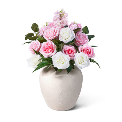 Arrangement de fleurs artificielles Barnette de 24 po, bouquet de fausses roses et d'hortensias dans un pot à fleurs en pierre texturée MgO, pièce maîtresse de fleur de soie réaliste pour la maison, le mariage et la vanité