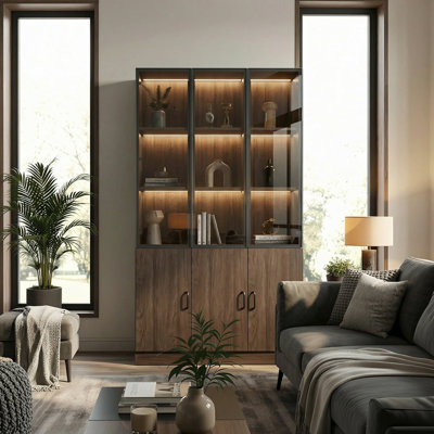 Contemporary Wood Grain & Black Aluminum Glass Display Cabinet With 3-Colour LED Lighting