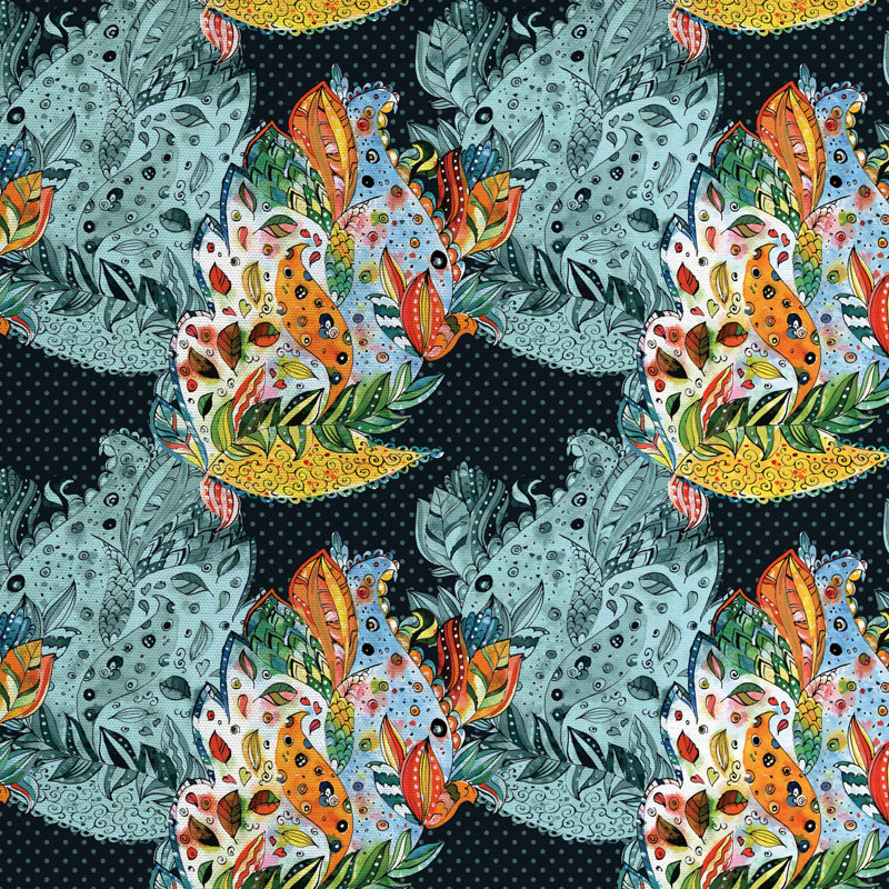 Motif floral à feuilles oriental inhabituelles comme les motifs avec peacock sur un tissu d’impression