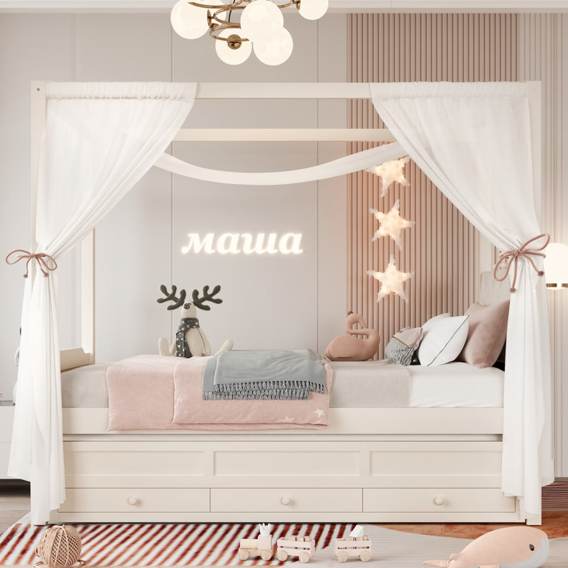 Lit à baldaquin simple avec lit gigogne et 3 tiroirs, tête de lit tapissier, rangement et assemblage facile, beige, Beige