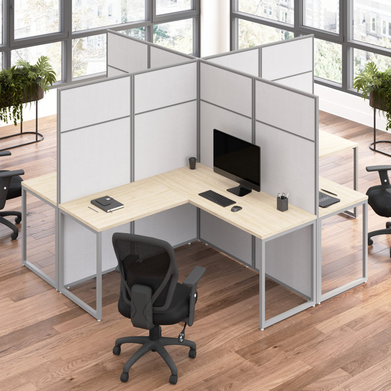 Easy Office 4 Person L-Shaped Desk Workstation with Panels Cubicle - Reversible, Natural Elm