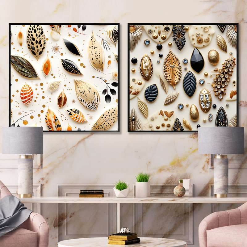 Ivor - Abstract Botanicals Square Collage Set Of 2, 36" H x 73" W, Black Floater Framed
