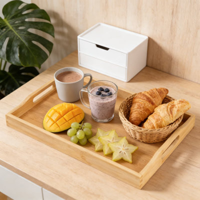 Bamboo Serving Tray With Handles, Multi-Purpose Ottoman Tray For Food, Drinks, And Home Organization, Decorative Storage Platter For Living Room, Kitchen, Bedroom, And Bathroom
