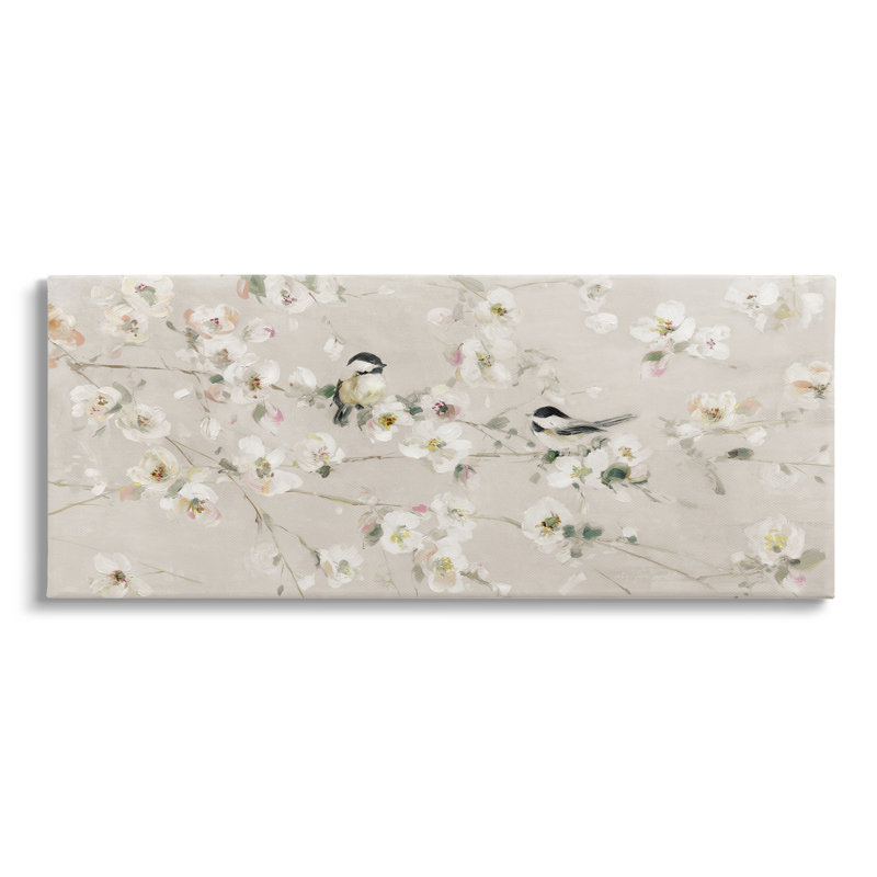 Oiseaux et fleur de pommier sur bois par Sally Swatland, H 20 po x l 48 po x P 1,5 po