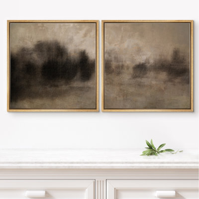 Soft Abstract Neutral Brown Fog Horizon Framed Canvas Master Bedroom Wall Art Work Print