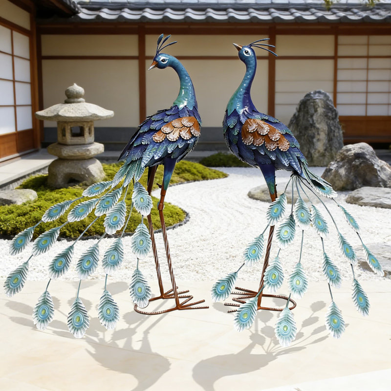 Ensemble de 2 statues de paon en métal peintes à la main, art de jardin extérieur de 29 pouces pour le patio et la cour