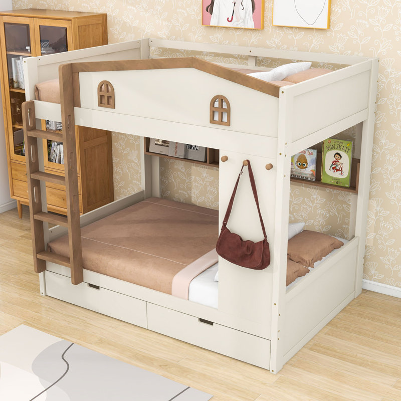 Lit superposé double en bois avec 2 tiroirs, crochets et tablettes