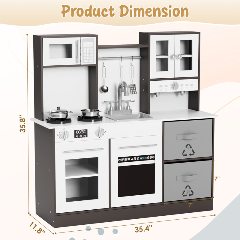 Play Kitchen for Kids, Wooden Toy with Stove That Lights/Sounds When Pan Detected, Includes Disinfection Cabinet, 2 Fabric Boxes & Stainless Cookware(brown)