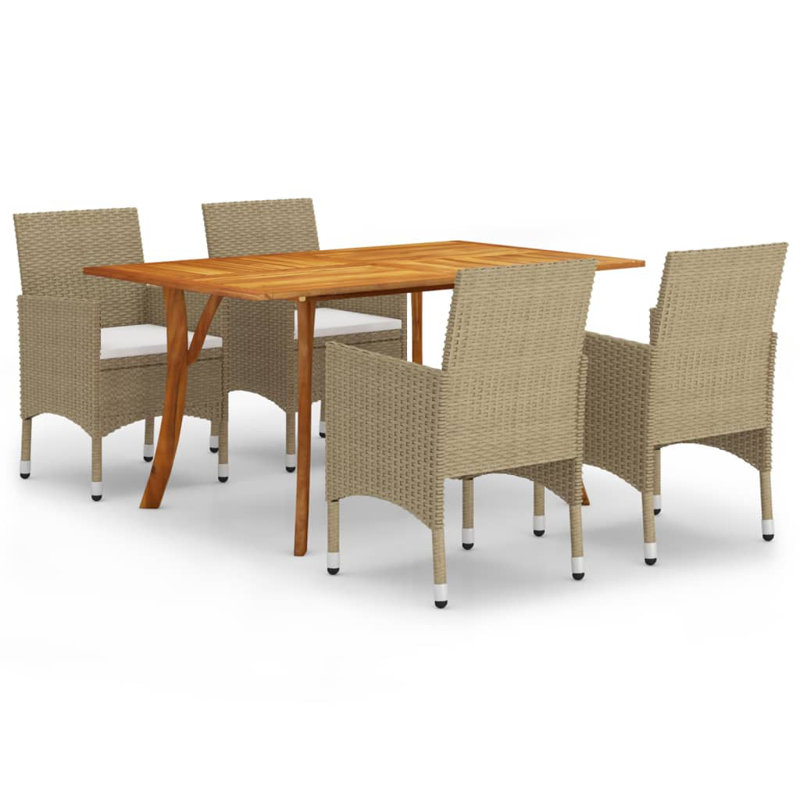 Ensemble de salle à manger beige, bois d'acacia crème, rotin PE, polyester standard, Blanc, crème, Beige