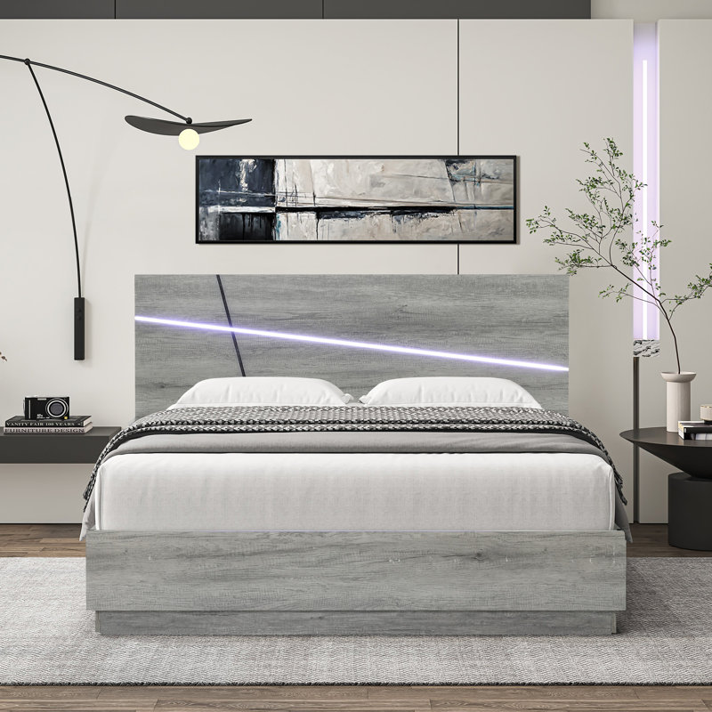 Modern Gray Panel Platform Bed Queen size with 3 Modes LED Light
