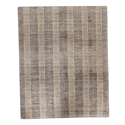 Tapis rayé gris / ivoire noué à la main 8 pi x 10 pi