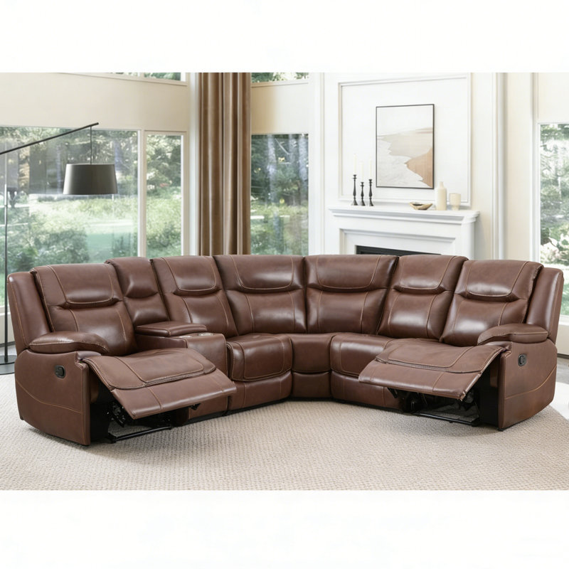 Ahsha Luxurious Premium Genuine Leather Manual Recline Sectional Sofa with Cup Holders