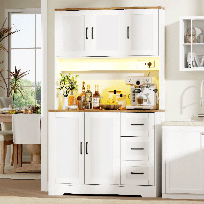 70.8" Kitchen Pantry Cabinet with Charge Station & LED Light, Freestanding Food Pantry with 3 Cabinets, 3 Drawers & Microwave Shelf, Kitchen Hutch Storage, Adjustable Shelves