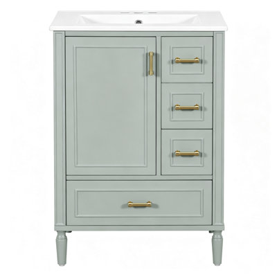 Meuble-lavabo moderne en bois massif de 61 cm (24 po) avec lavabo en céramique, porte-serviettes intégré et 3 tiroirs (vert)