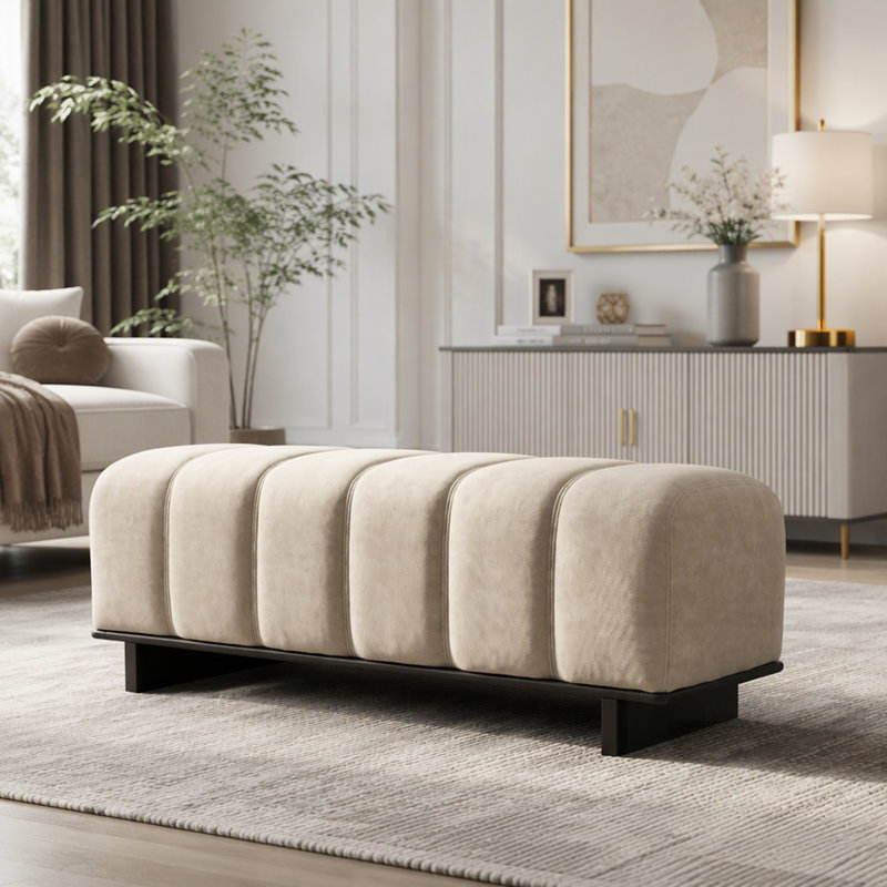 Banc de salle à manger moderne en chenille couleur avoine avec structure robuste en bois d'hévéa pour des solutions d'assise intérieures confortables