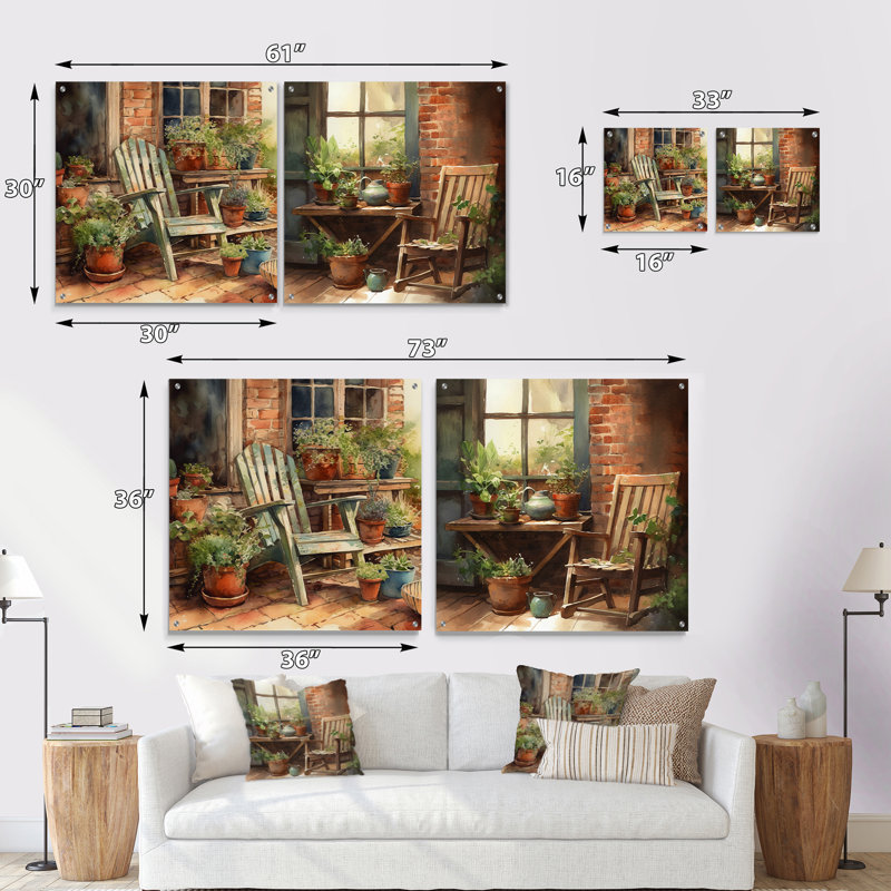 Chaise avec accoudoirs entourée de plantes I - ensemble de 2 peintures murales en acrylique Landscape Cottage