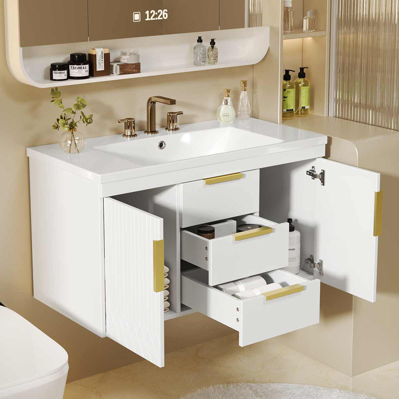 36'' Wall Mounted Bathroom Vanity With Resin Sink, Bathroom Storage Cabinet With 2 Drawers, White