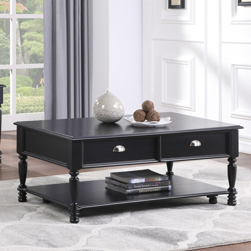 Table basse élégante avec design classique et finition noire avec roulettes et plateau inférieur