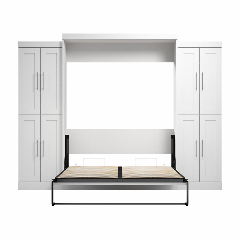 Grand lit mural Arlex de 115 W avec unités de rangement de 25 W avec portes, Blanc