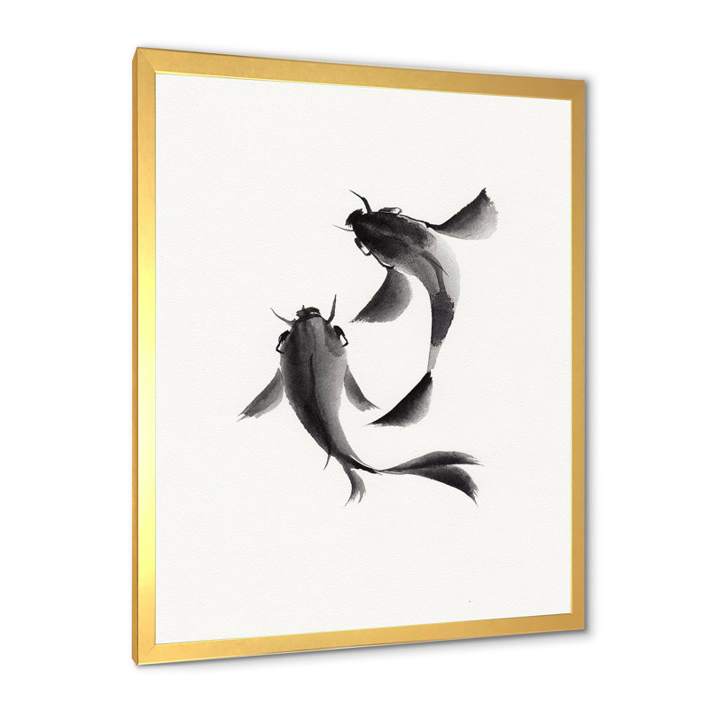 " Monochrome Vintage Fish II " Painting Print, 40" H x 30" W x 1.5" D, Gold Framed Canvas