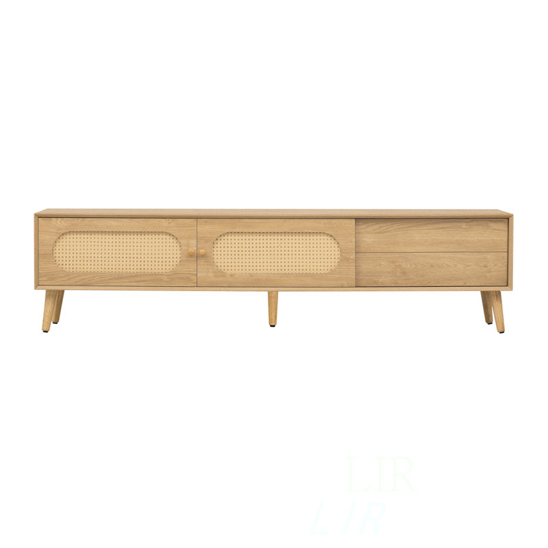 Boho TV Stand For Tvs Up To 80 Inches, Modern Farmhouse Media Console With Rattan Decor And Solid Wood Legs, TV Stand