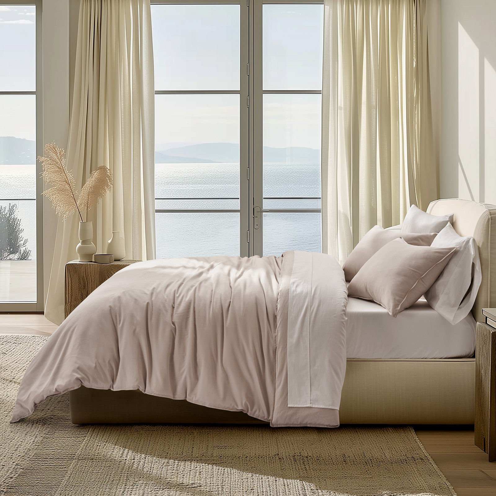 Cotton Tencel Duvet Cover Set, Beige Sand, Queen Duvet Cover + 2 Queen Shams
