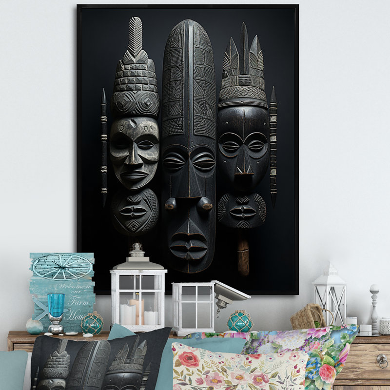 Masque africain sur toile Laesha, H 32 po x l 24 po x P 1 po, Cadre flottant noir