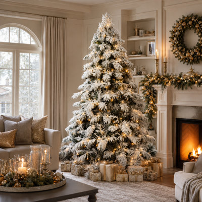 5ft Pre-Lit Snow Flocked Christmas Tree, Warm White LEDs, Hinged Branches, Realistic PVC Tips