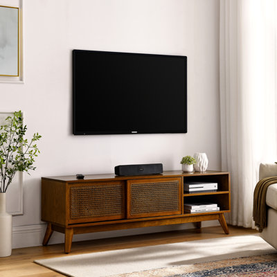 59 Inch Mid Century Modern Rattan Tv Stand For 65 Inch Tv, Entertainment Cabinet, Media Console For Living Room Media Room, Solid Wood Feet & Rattan C -  George Oliver, 5870149DF2694D87A6810C91847C5A12