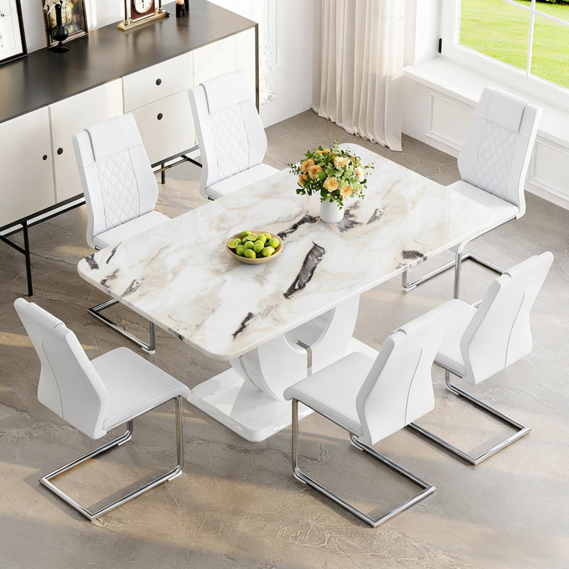 Ensemble de table de salle à manger 63 ", ensemble de table de salle à manger moderne avec chaises en similicuir, Blanc