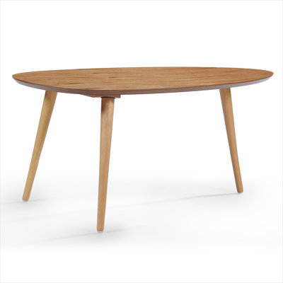 Natural wood tone coffee table for living room use, mid-century modern oval design with rubber wood tripod base