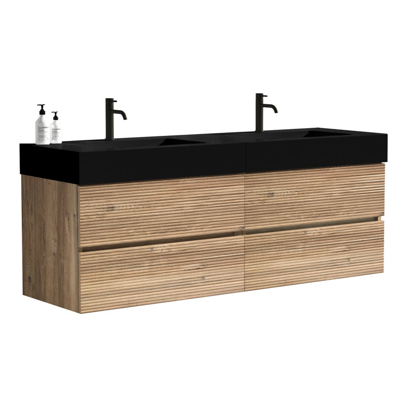Meuble-lavabo flottant de 60 po, lavabo en quartz noir mat, double tiroir en chêne brut, style Mid-Century, poignée dissimulée, fabrication de catégorie E1, laque E0 de 60 po fixée au mur, esthétique, poignée pour,
