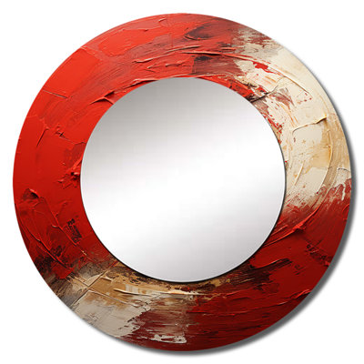 Red And Gold Whimsical Whirl Spiral I - Abstract Spirals Decorative Wall Mirror, Red Round Mirror, Printed Metal Art