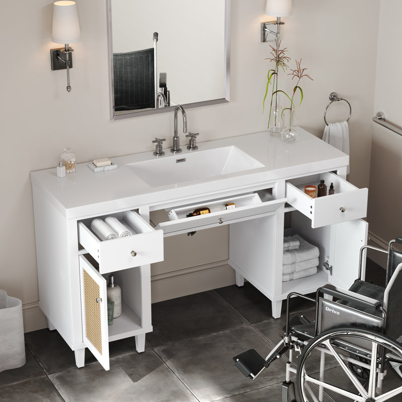 Meuble-lavabo de salle de bain avec lavabo, 2 portes, tiroirs à fermeture en douceur et plateau basculant, Blanc