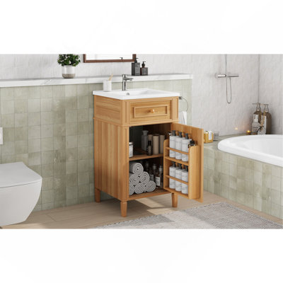 Meuble-lavabo de 20 po en bois avec lavabo, pieds en bois massif, tablette réglable, tiroir inclinable, meuble autoportant moderne en bois pour petite salle de bain